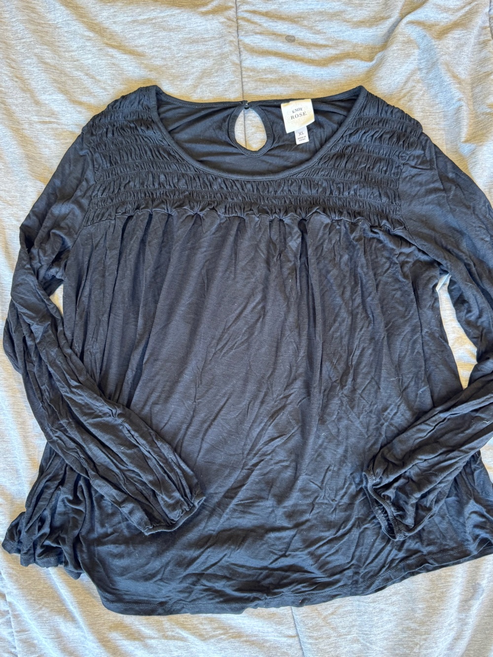 Knox Rose Black Long Sleeve Smocked Yoke Top